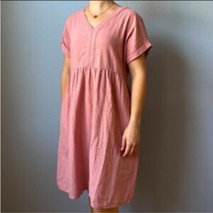 Briggs Womens Dress V-Neck Short Sleeve Small Pink Rose Pockets Linen Lagenlook
